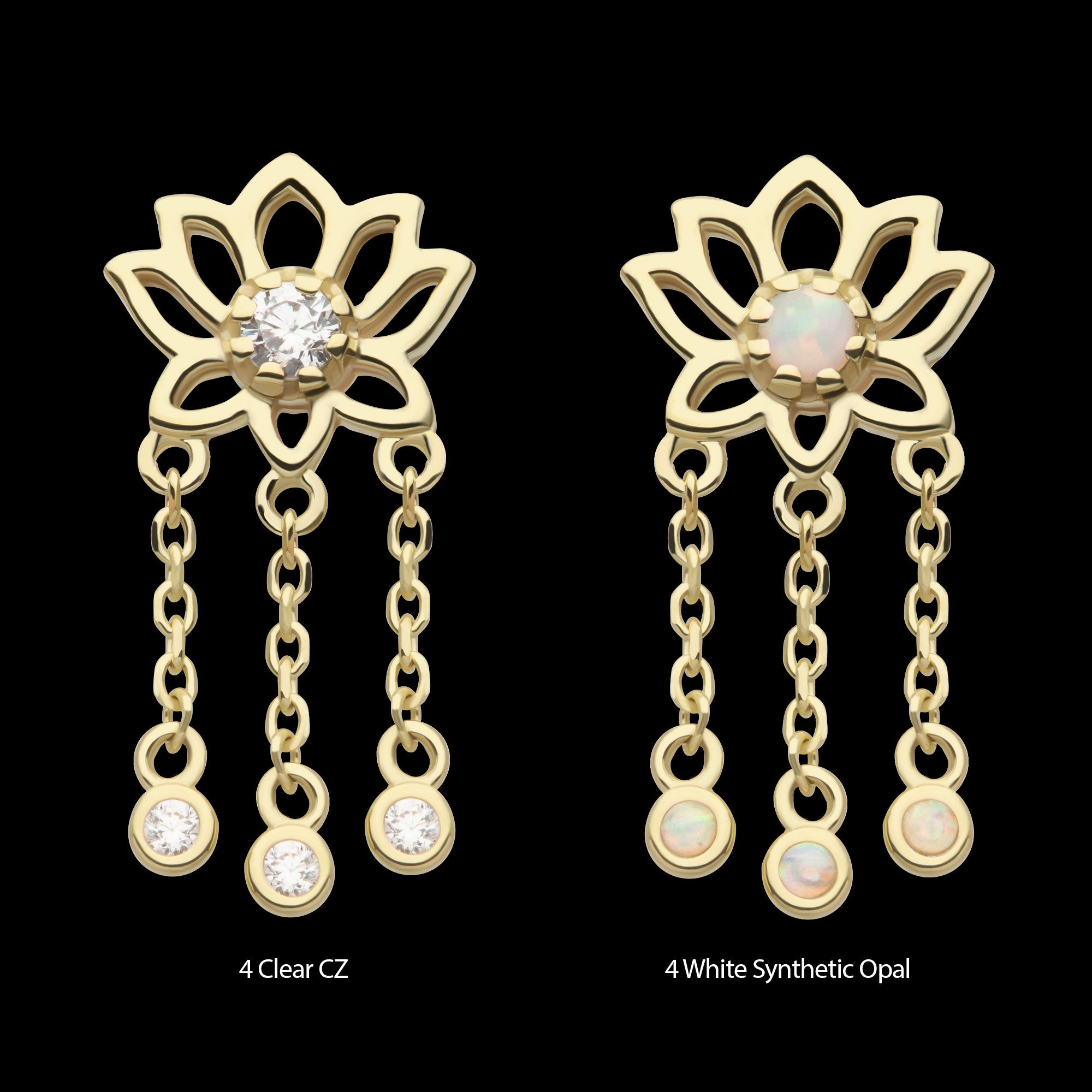 Lotus Flower with Bezel Set Round CZ/Opal Triple Dangle Chain Flatback Stud Earring / Nosering - Opal & CZ & Opal & CZ in 14Kt Yellow Gold
