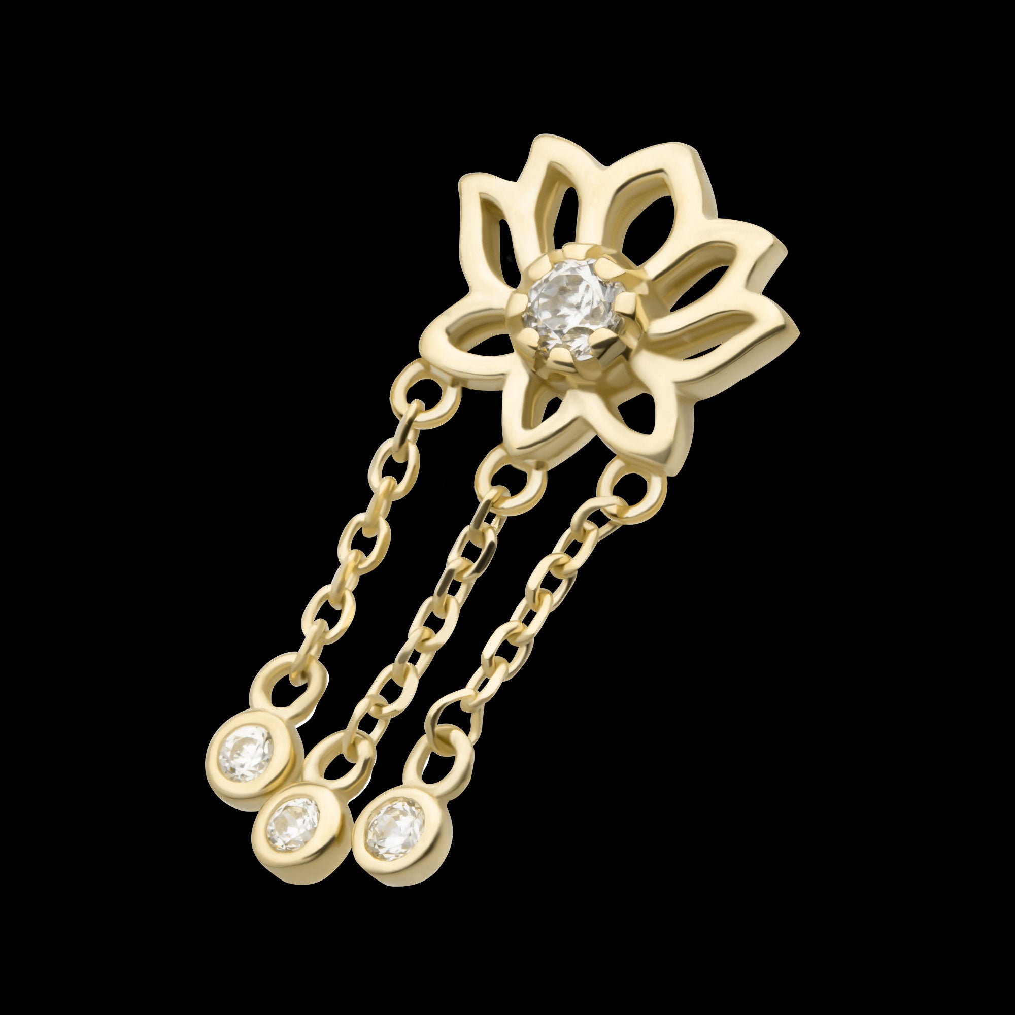 Lotus Flower with Bezel Set Round CZ/Opal Triple Dangle Chain Flatback Stud Earring / Nosering - Opal & CZ & Opal & CZ in 14Kt Yellow Gold