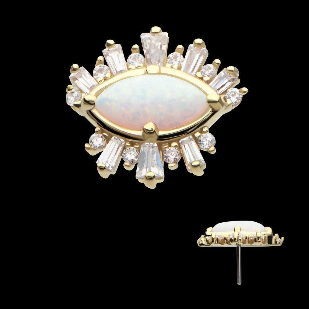 Marquise White Synthetic Opal, Round & Tapered Baguette Clear CZ Evil Eye Cluster Flatback Stud Earring / Nosering - Synthetic Opal & Clear CZ & Opal in 14Kt Yellow Gold