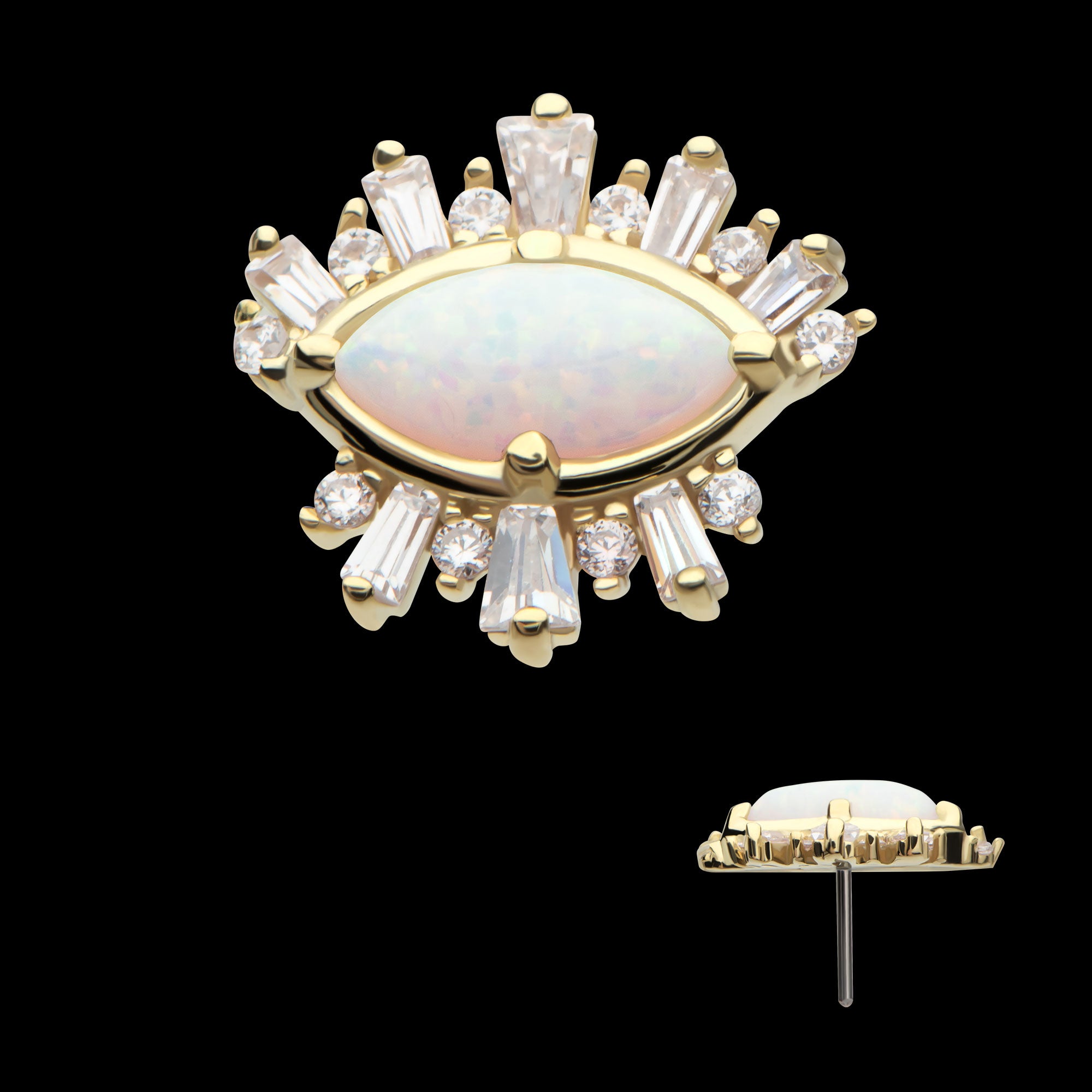 Marquise White Synthetic Opal, Round & Tapered Baguette Clear CZ Evil Eye Cluster Flatback Stud Earring / Nosering - Synthetic Opal & Clear CZ & Opal in 14Kt Yellow Gold