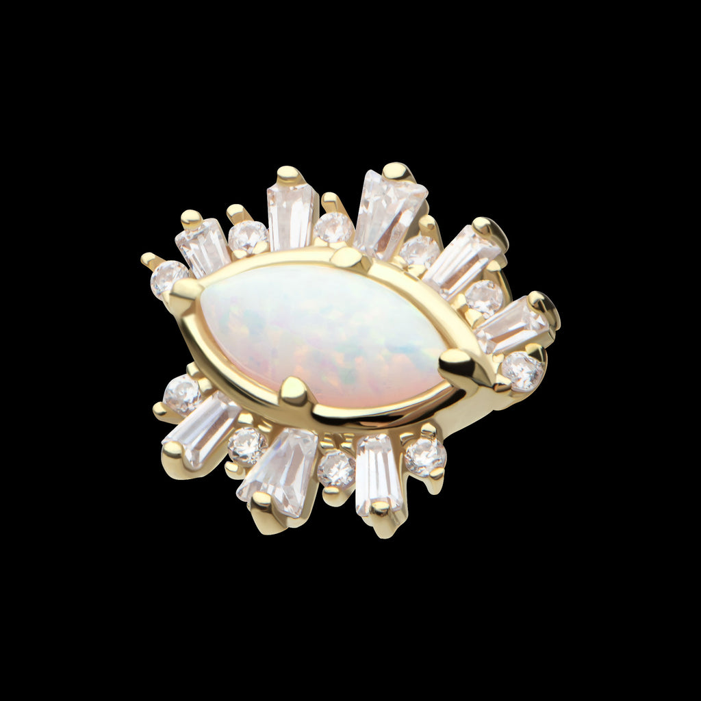 Marquise White Synthetic Opal, Round & Tapered Baguette Clear CZ Evil Eye Cluster Flatback Stud Earring / Nosering - Synthetic Opal & Clear CZ & Opal in 14Kt Yellow Gold