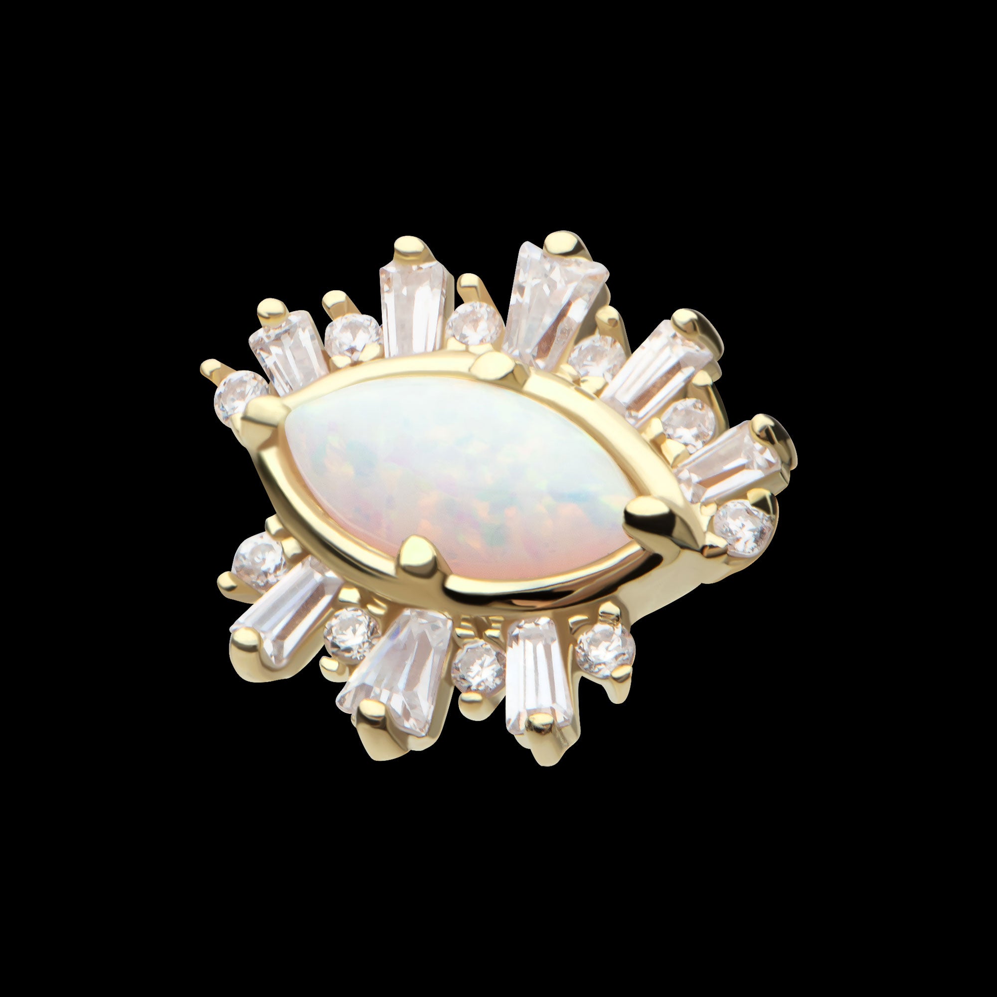 Marquise White Synthetic Opal, Round & Tapered Baguette Clear CZ Evil Eye Cluster Flatback Stud Earring / Nosering - Synthetic Opal & Clear CZ & Opal in 14Kt Yellow Gold