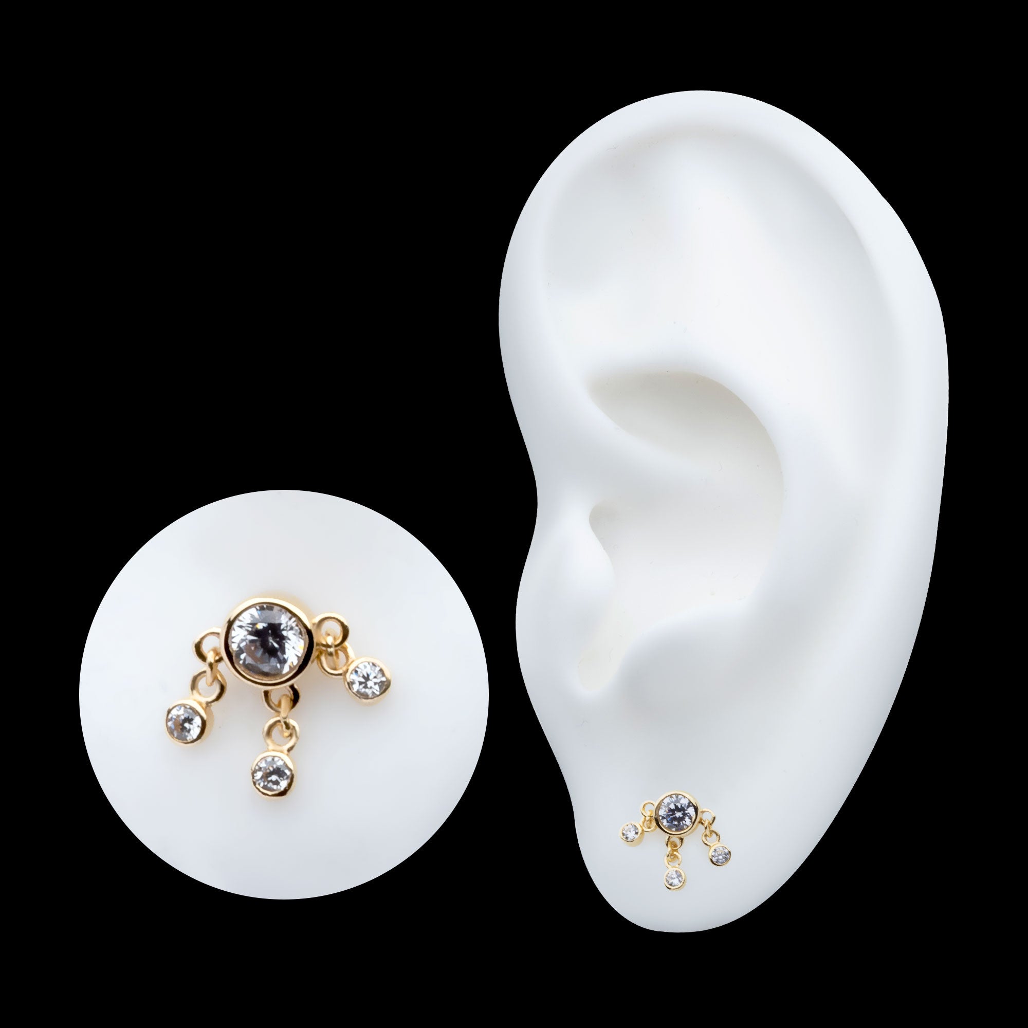 Triple Dangle Bezel Set Round CZ Flatback Stud Earring / Nosering - CZ in 14Kt Yellow Gold