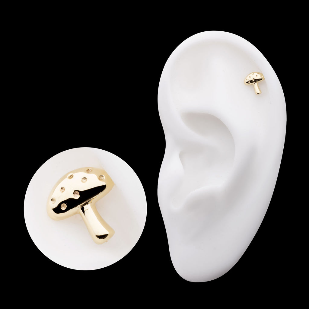 Dotted Mushroom Flatback Stud Earring / Nosering - 14Kt Yellow Gold