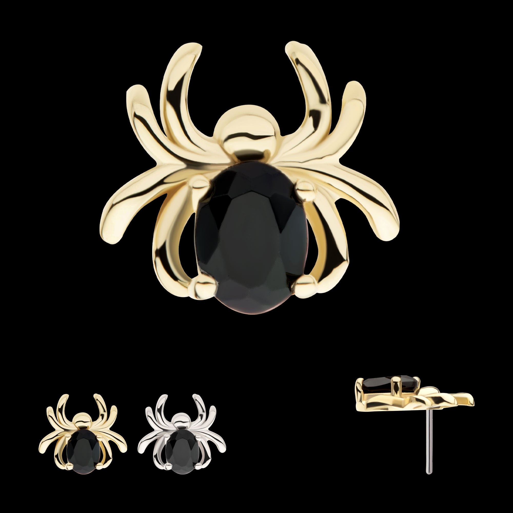 Spider with Prong Set Oval Gem Flatback Stud Earring / Nosering - Gem in 14Kt Gold