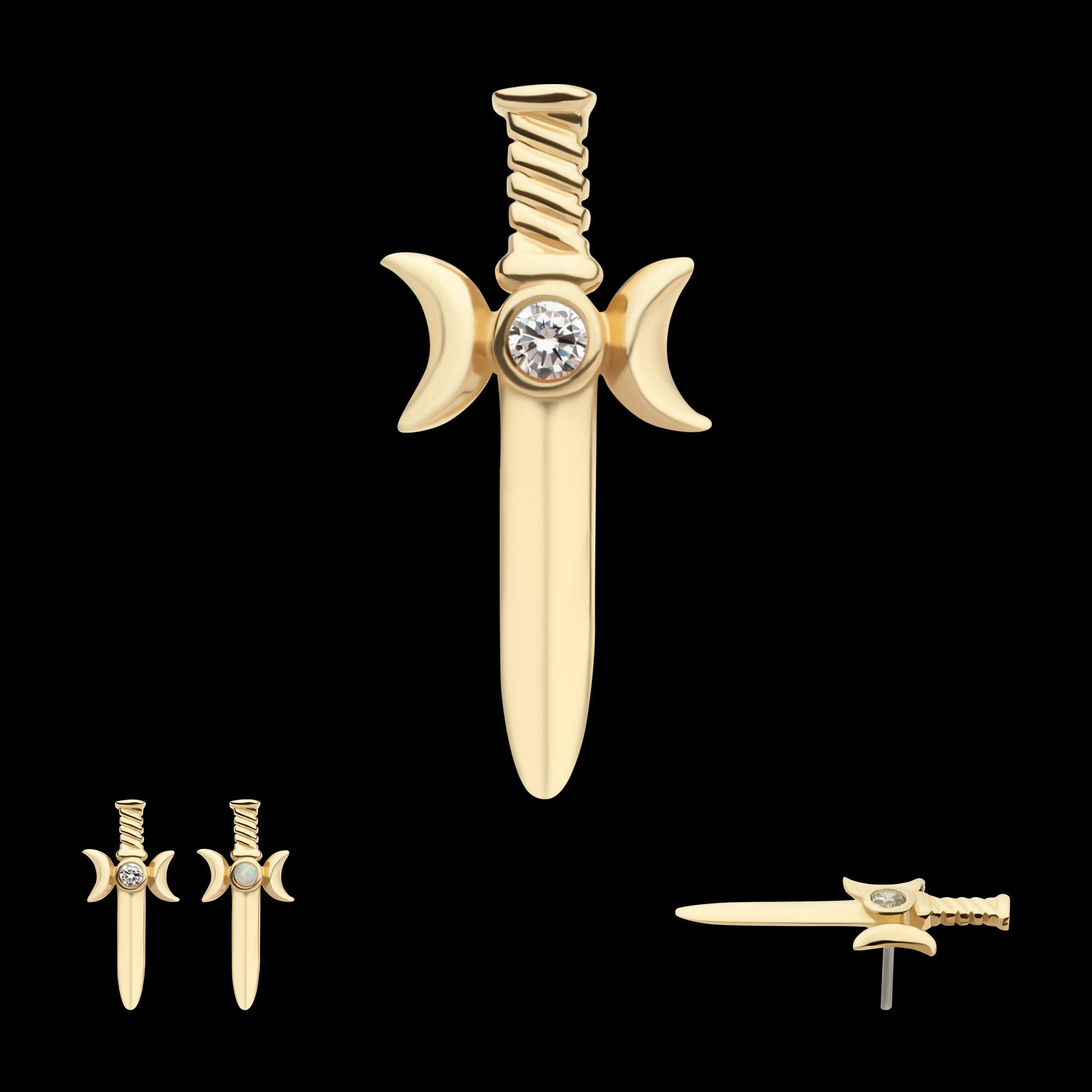 Triple Moon Phase with Bezel Set Round CZ/Opal Dagger Flatback Stud Earring / Nosering - Opal & CZ & Opal & CZ in 14Kt Yellow Gold