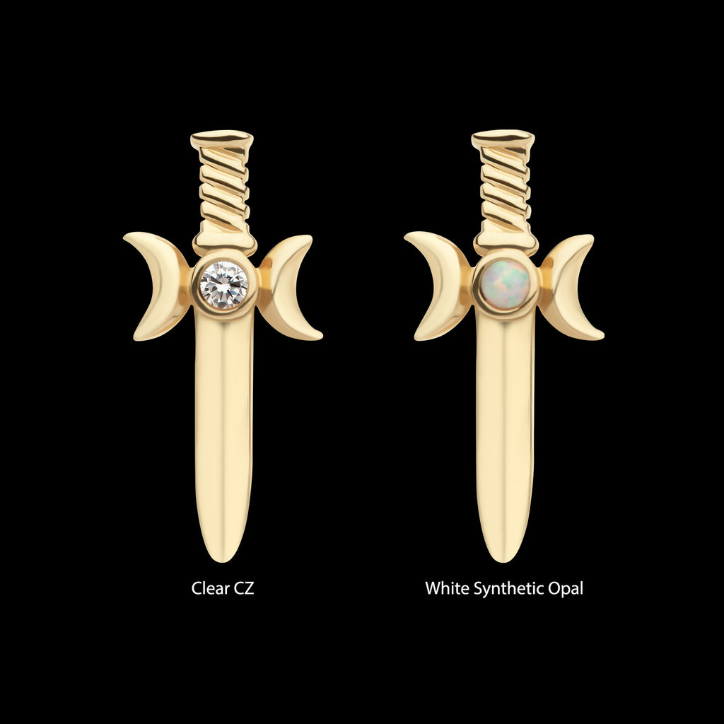 Triple Moon Phase with Bezel Set Round CZ/Opal Dagger Flatback Stud Earring / Nosering - Opal & CZ & Opal & CZ in 14Kt Yellow Gold