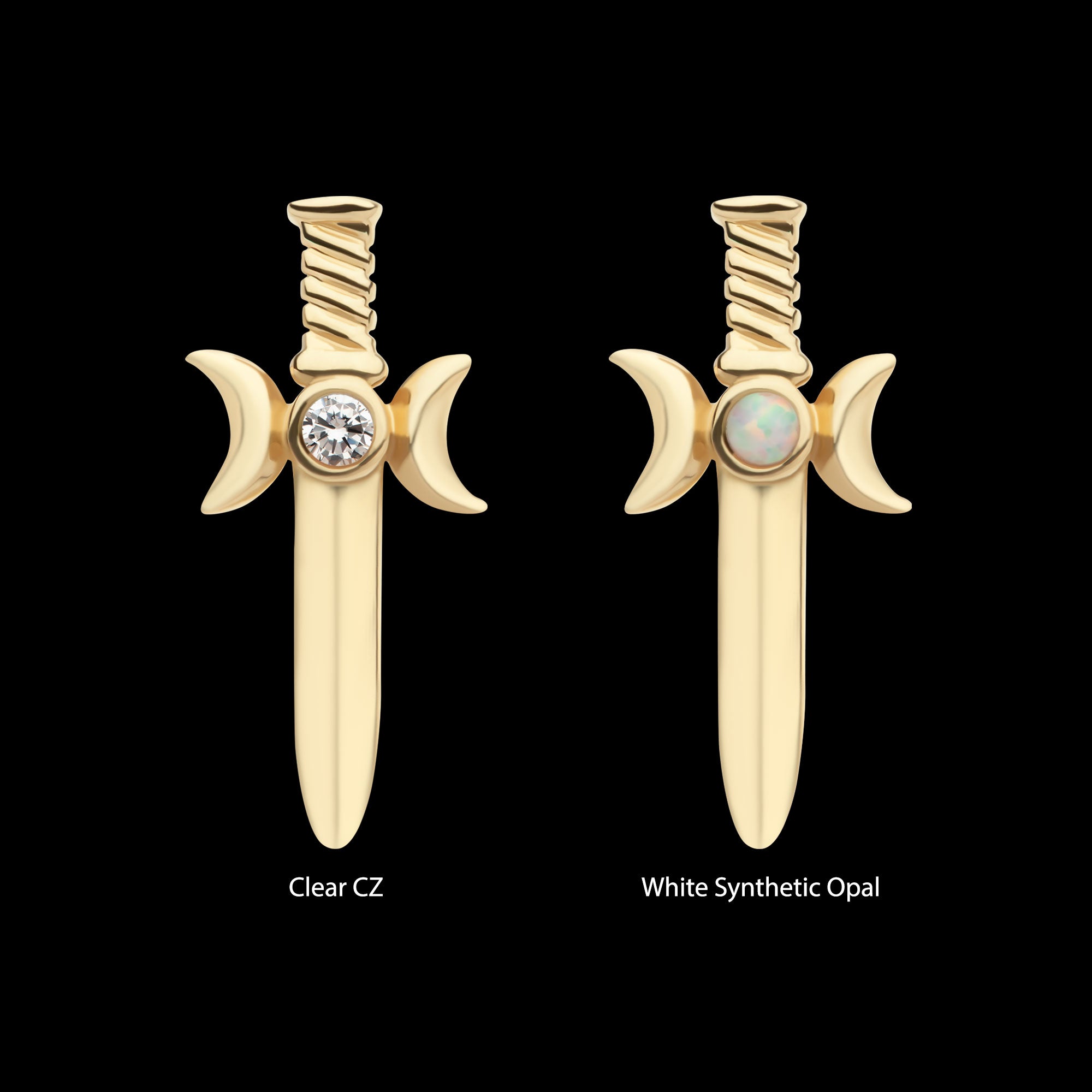 Triple Moon Phase with Bezel Set Round CZ/Opal Dagger Flatback Stud Earring / Nosering - Opal & CZ & Opal & CZ in 14Kt Yellow Gold