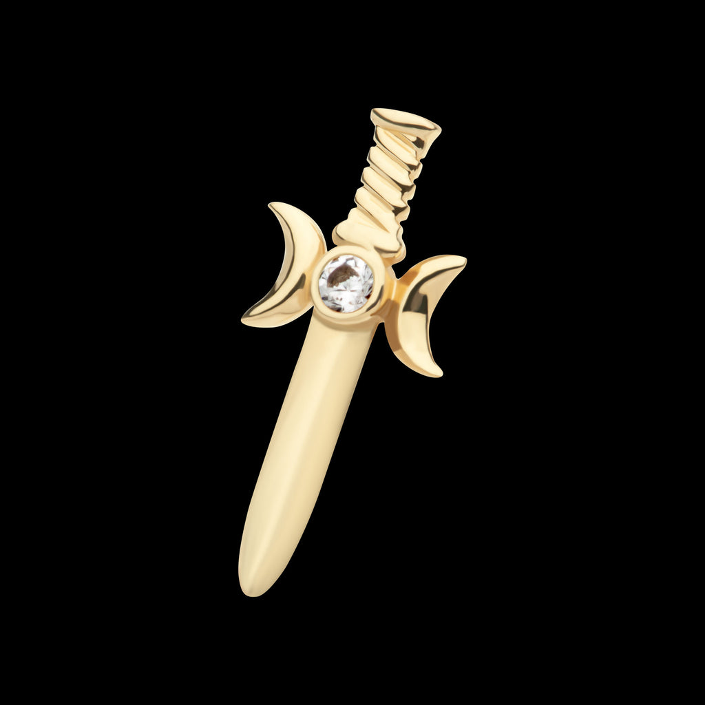Triple Moon Phase with Bezel Set Round CZ/Opal Dagger Flatback Stud Earring / Nosering - Opal & CZ & Opal & CZ in 14Kt Yellow Gold
