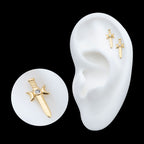 Triple Moon Phase with Bezel Set Round CZ/Opal Dagger Flatback Stud Earring / Nosering - Opal & CZ & Opal & CZ in 14Kt Yellow Gold