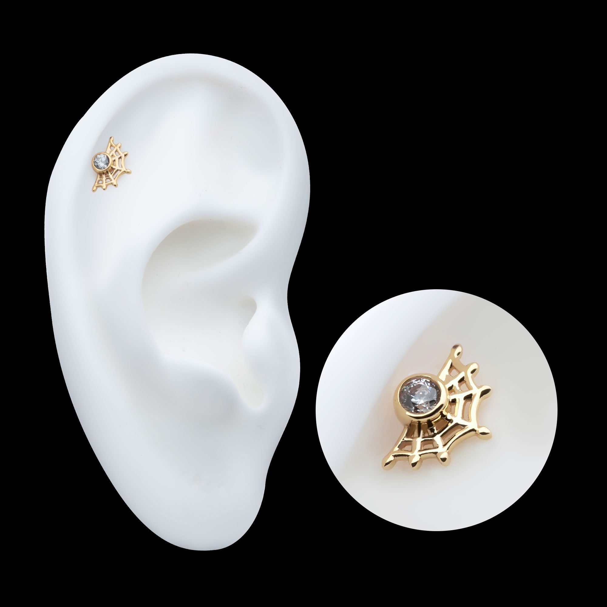 Bezel Set Round CZ Spiderweb Flatback Stud Earring / Nosering - CZ in 14Kt Yellow Gold