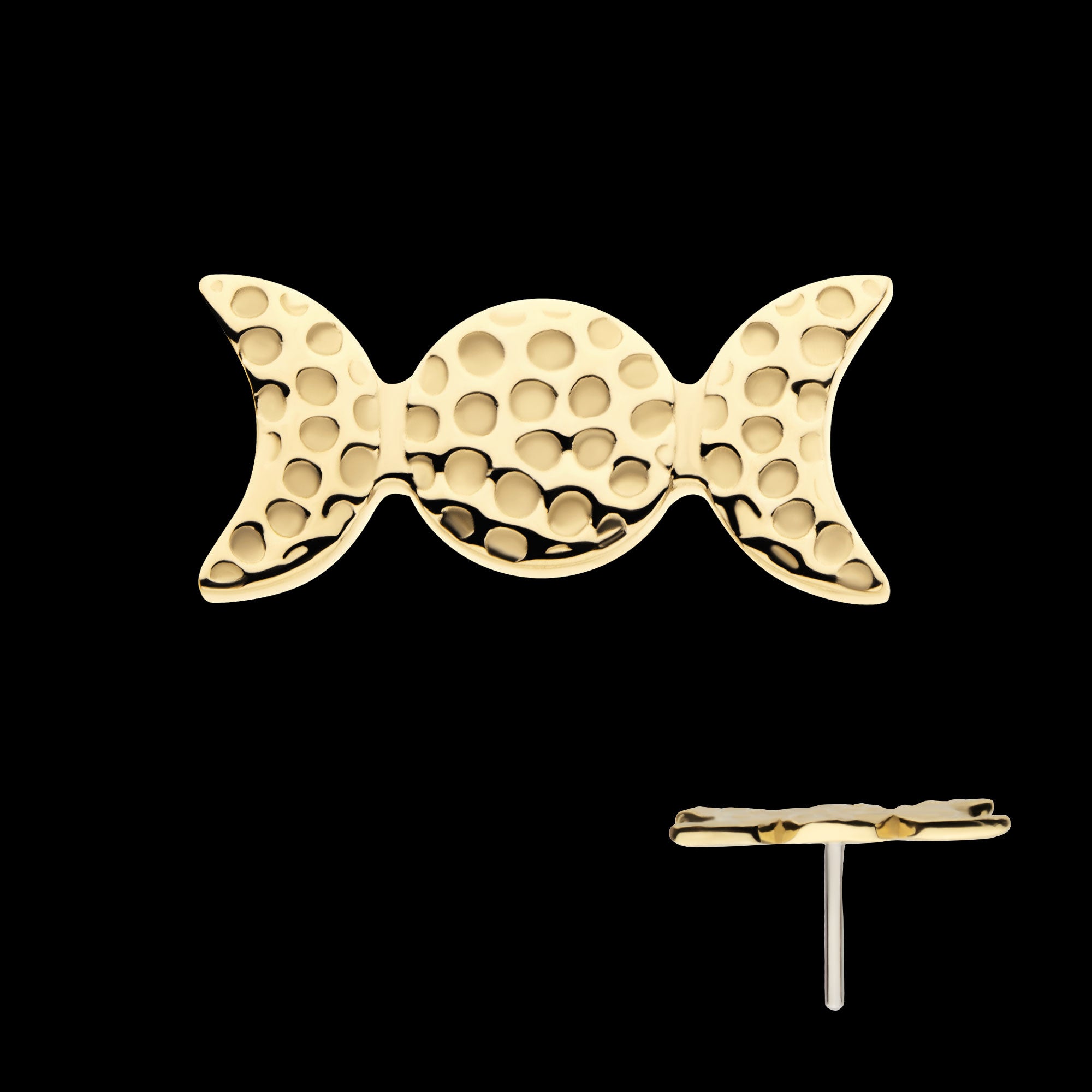 Hammered Triple Moon Phase Flatback Stud Earring / Nosering - 14Kt Yellow Gold