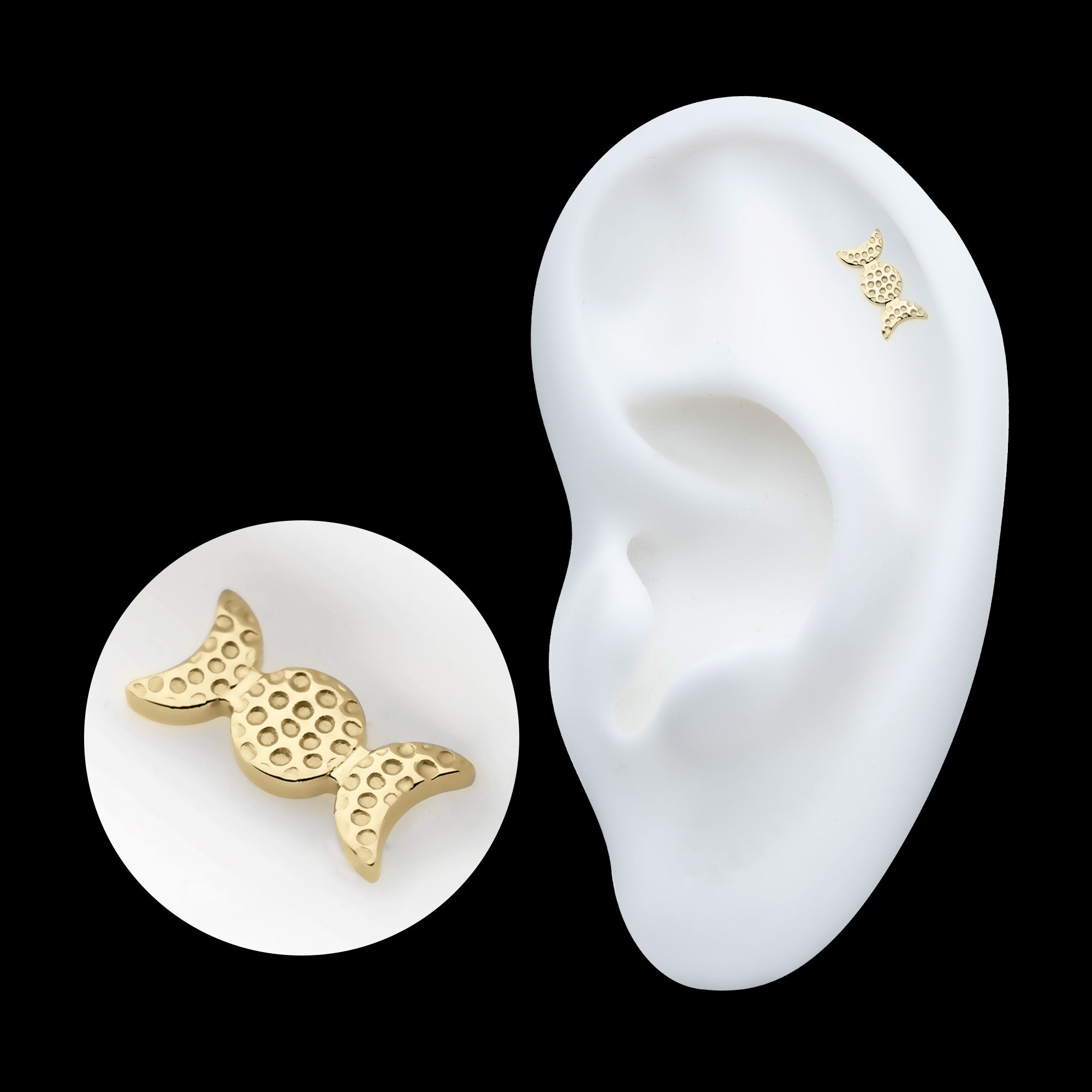 Hammered Triple Moon Phase Flatback Stud Earring / Nosering - 14Kt Yellow Gold