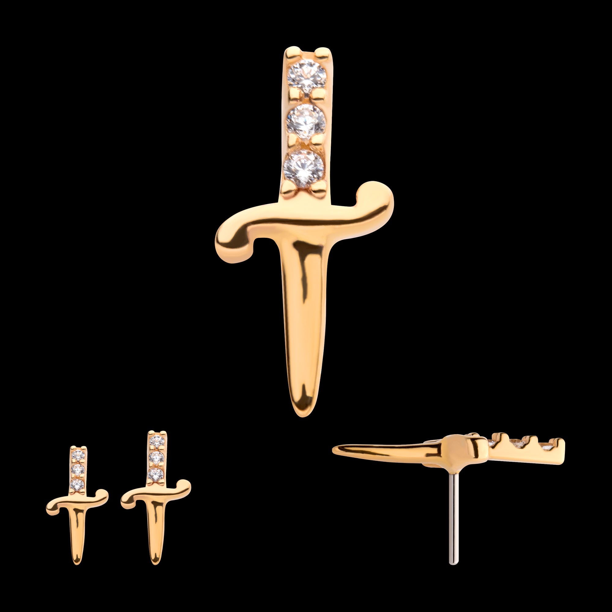 Dagger with 3-CZ Gem Handle Flatback Stud Earring / Nosering - CZ in 14Kt Yellow Gold