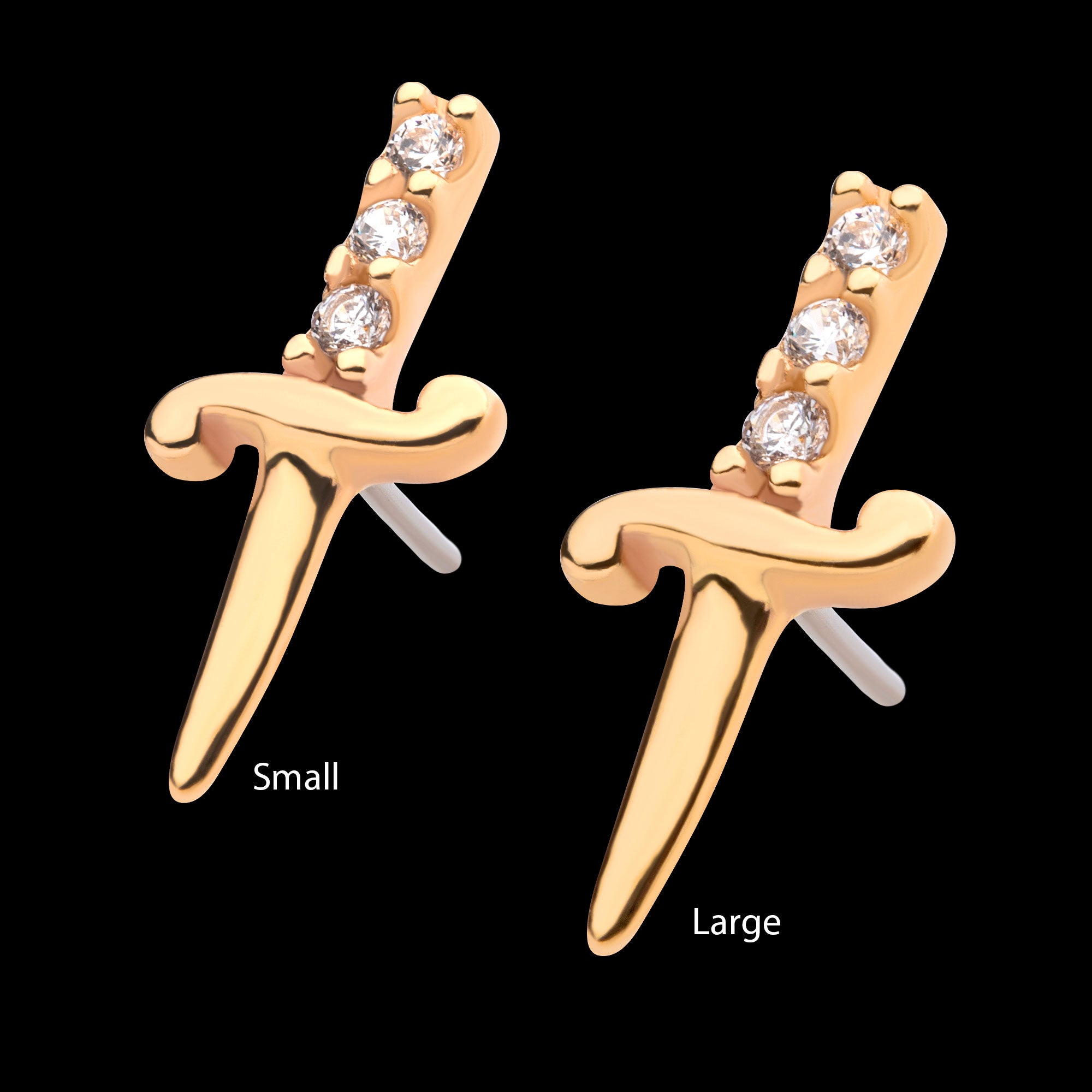Dagger with 3-CZ Gem Handle Flatback Stud Earring / Nosering - CZ in 14Kt Yellow Gold