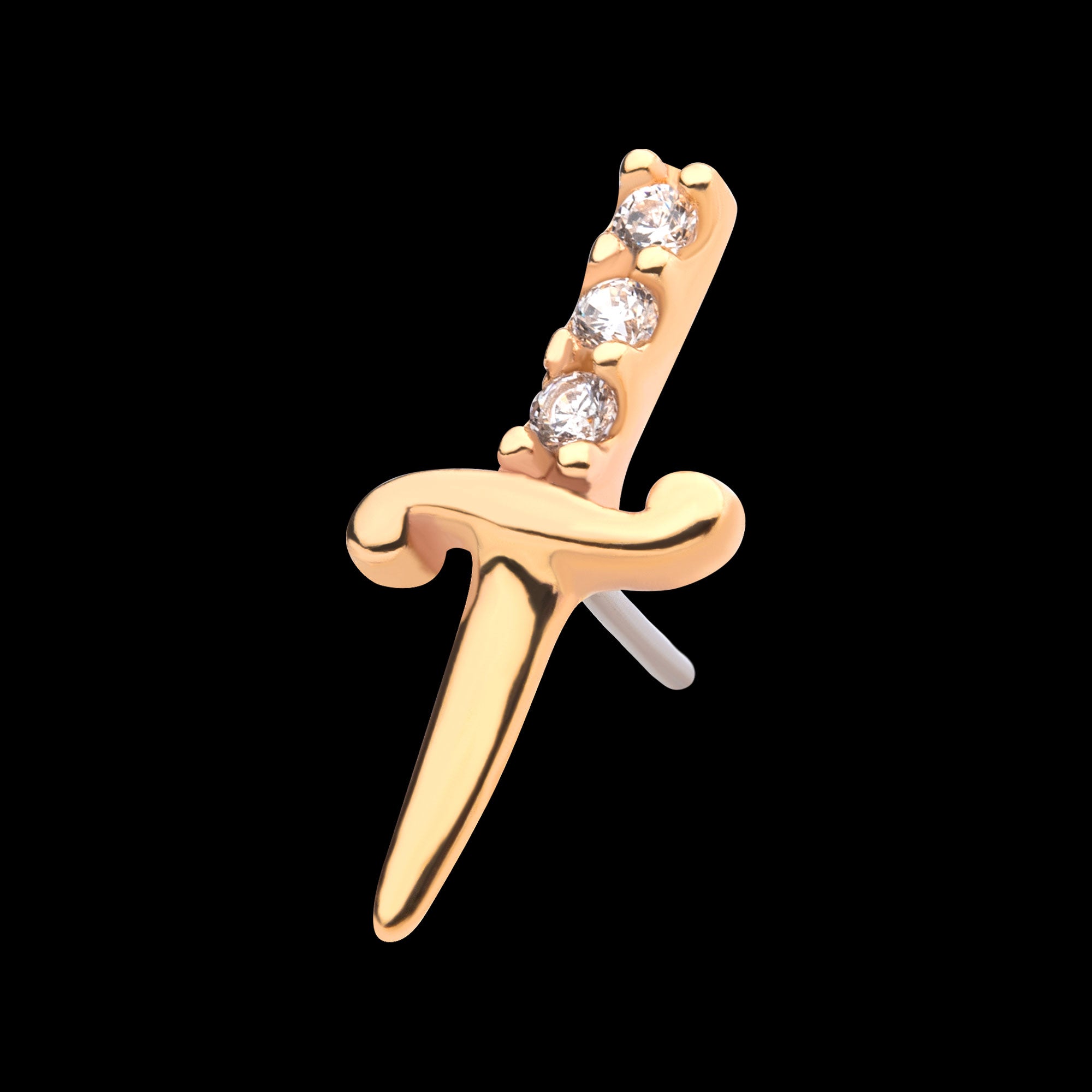 Dagger with 3-CZ Gem Handle Flatback Stud Earring / Nosering - CZ in 14Kt Yellow Gold