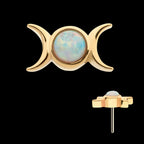 Bezel Set White Opal Triple Goddess Moon Flatback Stud Earring / Nosering - White Opal & Opal in 14Kt Yellow Gold