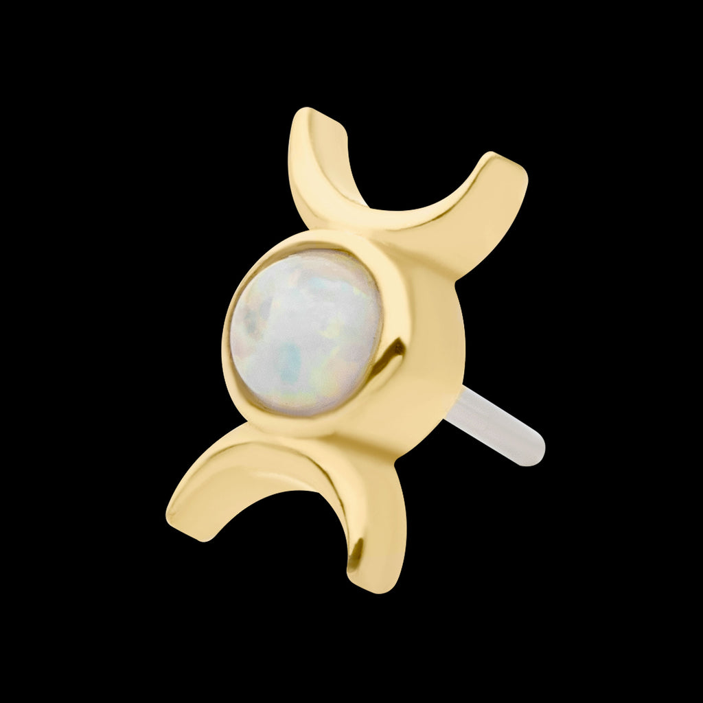 Bezel Set White Opal Triple Goddess Moon Flatback Stud Earring / Nosering - White Opal & Opal in 14Kt Yellow Gold