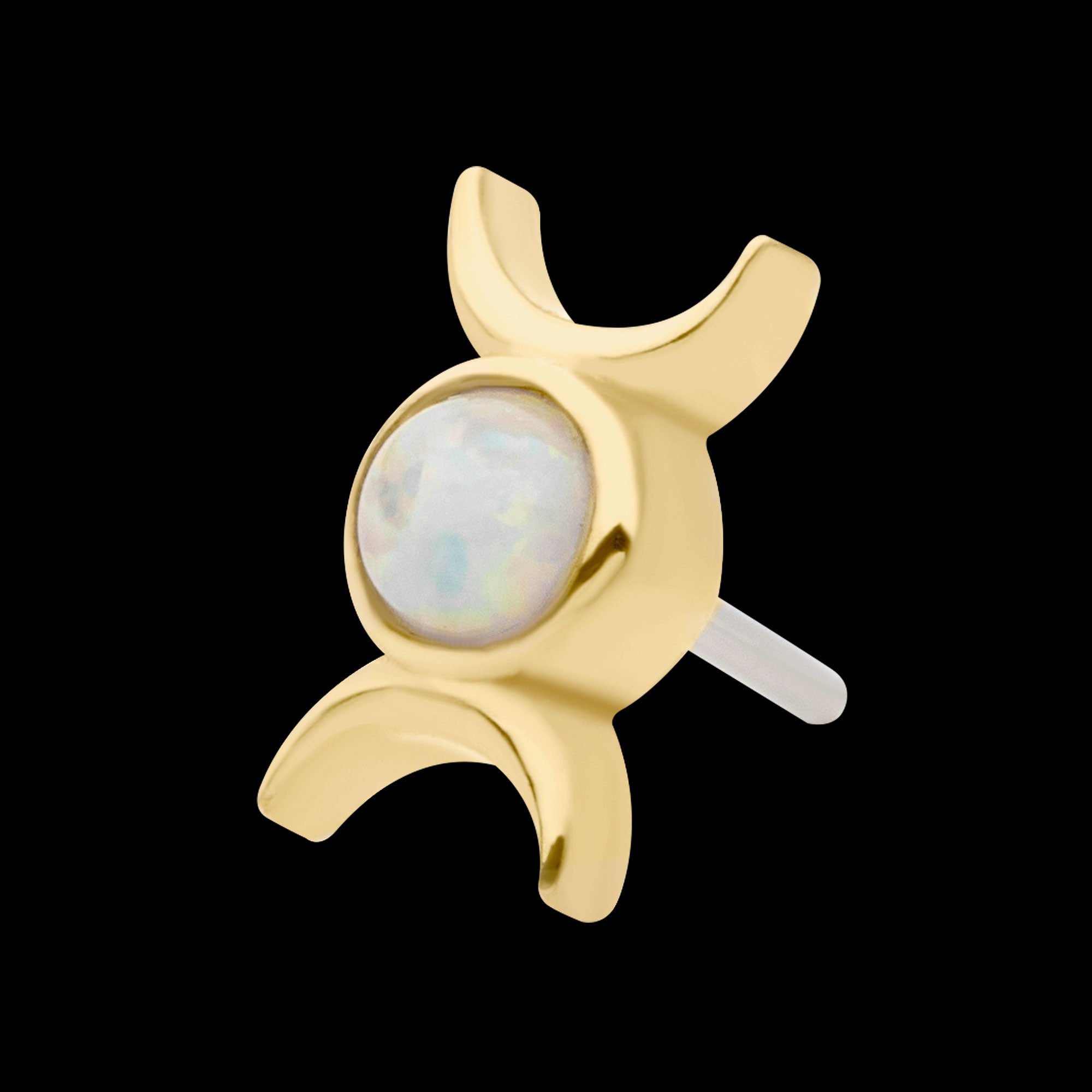 Bezel Set White Opal Triple Goddess Moon Flatback Stud Earring / Nosering - White Opal & Opal in 14Kt Yellow Gold