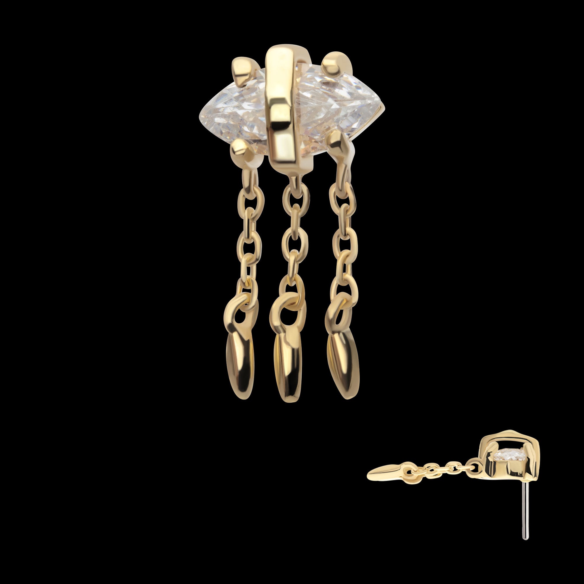 Prong Set Marquise Gem Evil Eye with Triple Dangle Chain Flatback Stud Earring / Nosering - Gem in 14Kt Yellow Gold