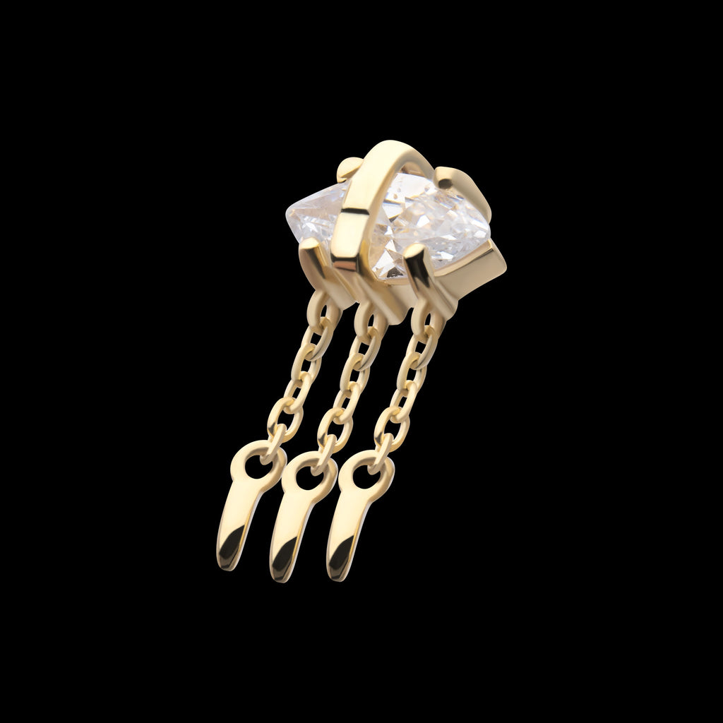 Prong Set Marquise Gem Evil Eye with Triple Dangle Chain Flatback Stud Earring / Nosering - Gem in 14Kt Yellow Gold