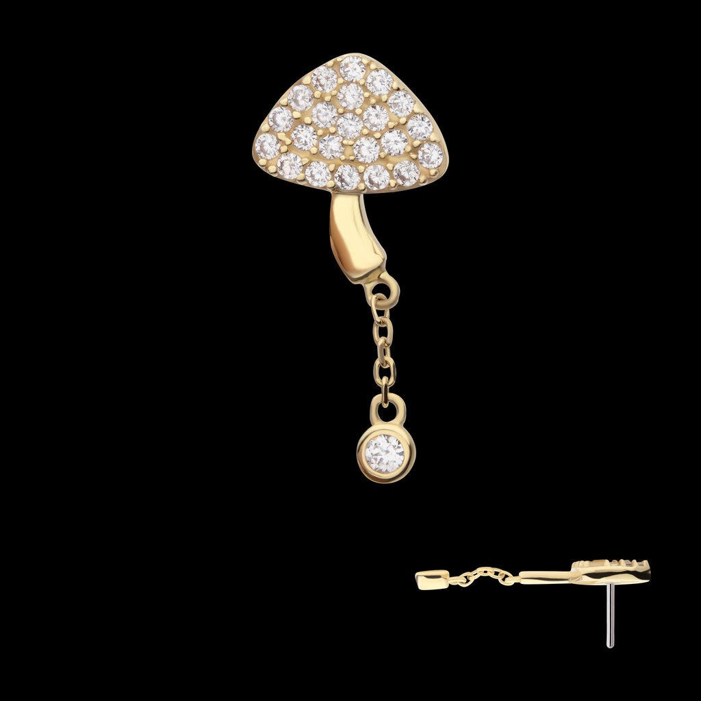 Pave Set Round Gem Mushroom with Dangle Gem Flatback Stud Earring / Nosering - Gem in 14Kt Yellow Gold