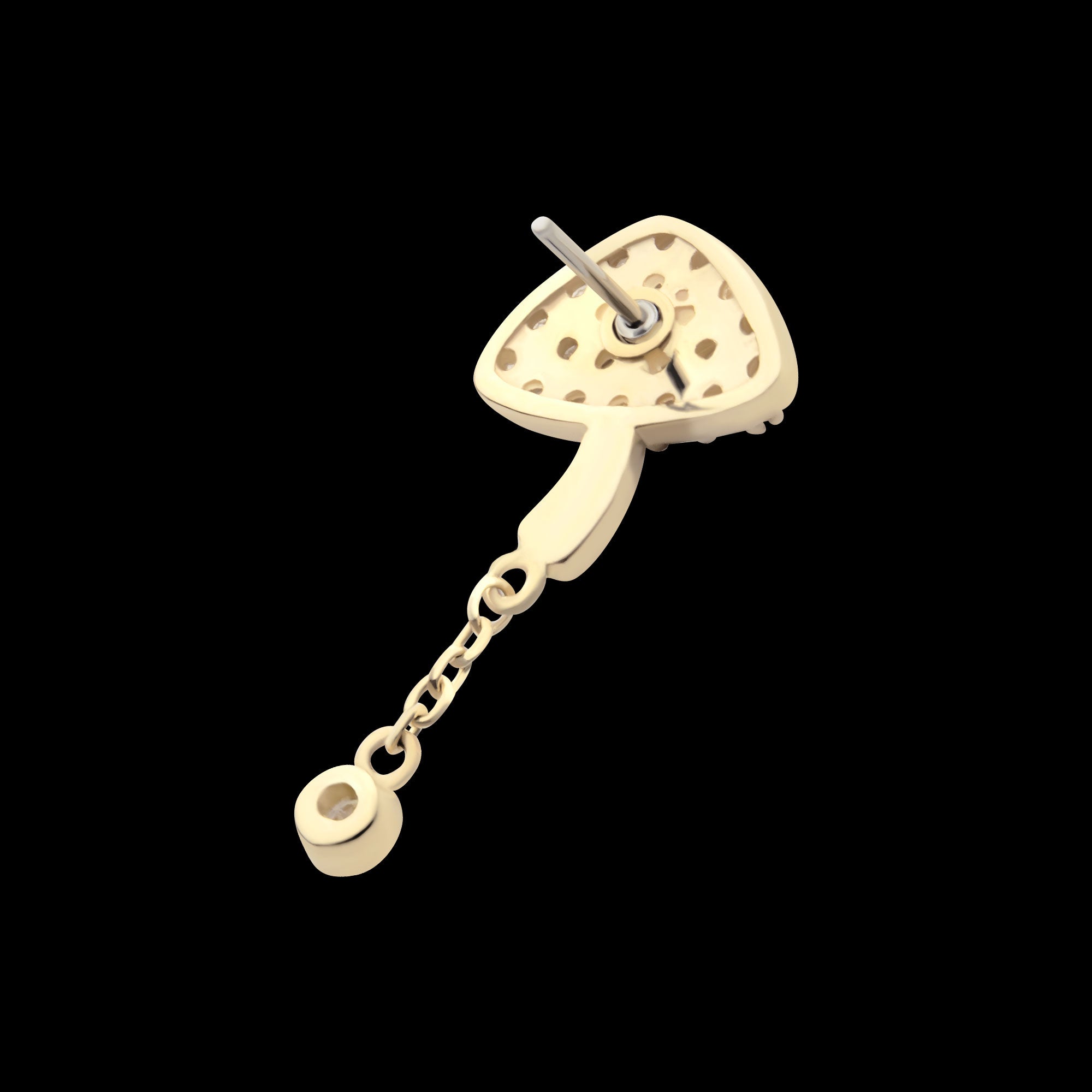 Pave Set Round Gem Mushroom with Dangle Gem Flatback Stud Earring / Nosering - Gem in 14Kt Yellow Gold