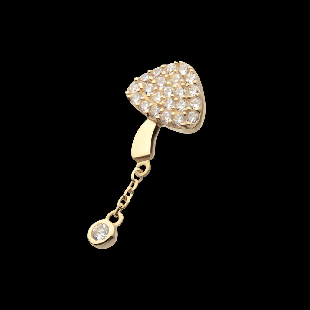 Pave Set Round Gem Mushroom with Dangle Gem Flatback Stud Earring / Nosering - Gem in 14Kt Yellow Gold