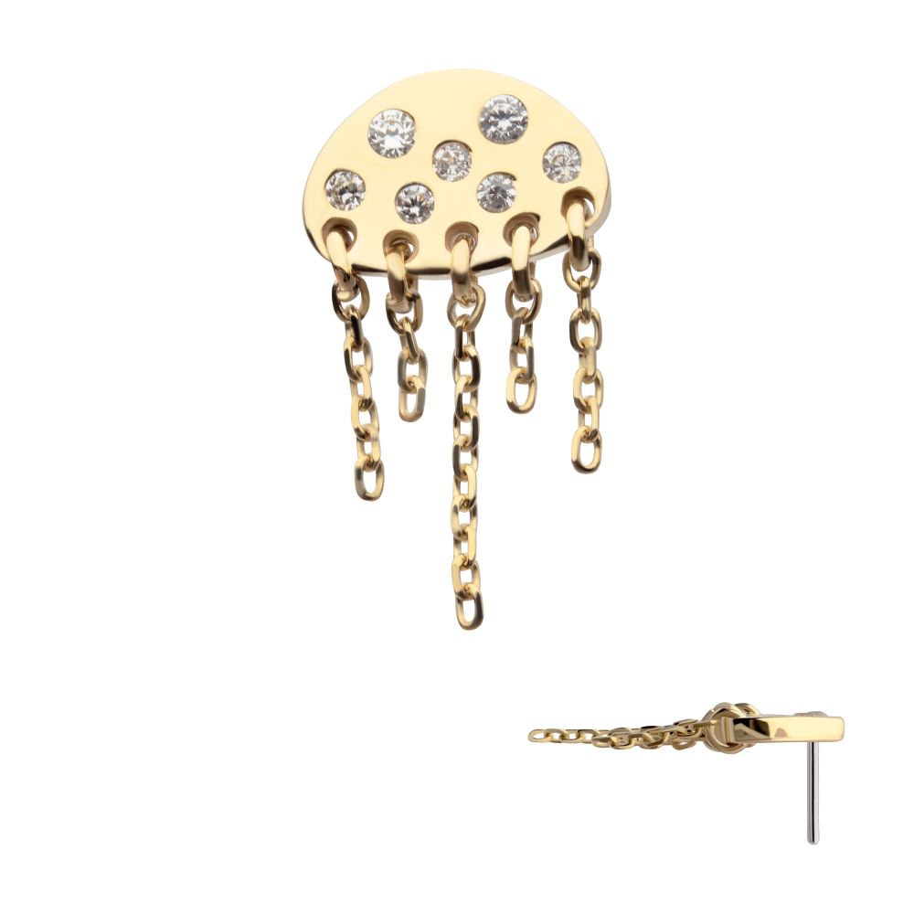 Jellyfish Bezel-Set Round Gem 5-Chain Dangle Threadless Earring / Nosering – 14Kt Yellow Gold