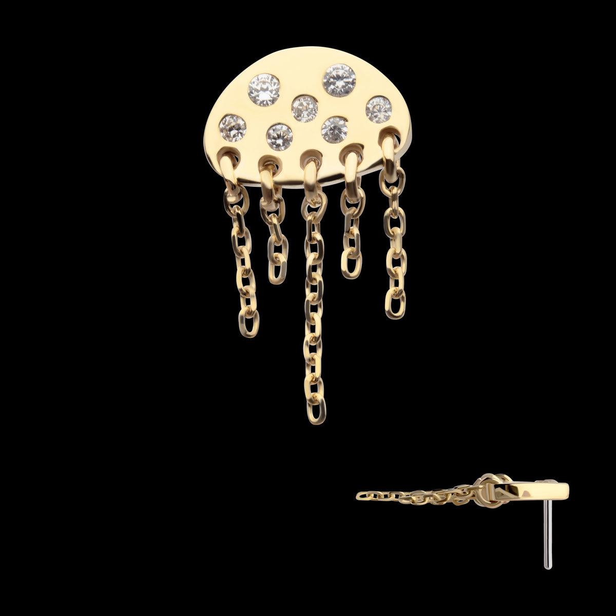 Jellyfish Bezel-Set Round Gem 5-Chain Dangle Threadless Earring / Nosering – 14Kt Yellow Gold