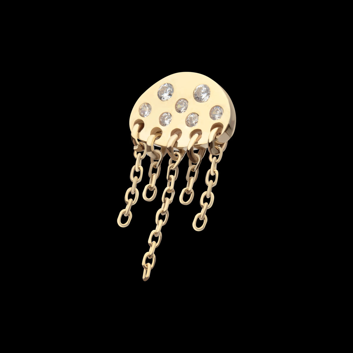 Jellyfish Bezel-Set Round Gem 5-Chain Dangle Threadless Earring / Nosering – 14Kt Yellow Gold