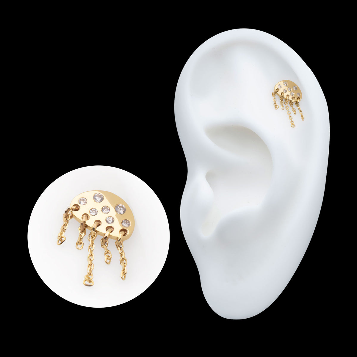 Jellyfish Bezel-Set Round Gem 5-Chain Dangle Threadless Earring / Nosering – 14Kt Yellow Gold