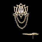 Bezel Teardrop Gem Lotus Flower with 2 Tier Dangle Chain Flatback Stud Earring / Nosering - Gem in 14Kt Yellow Gold