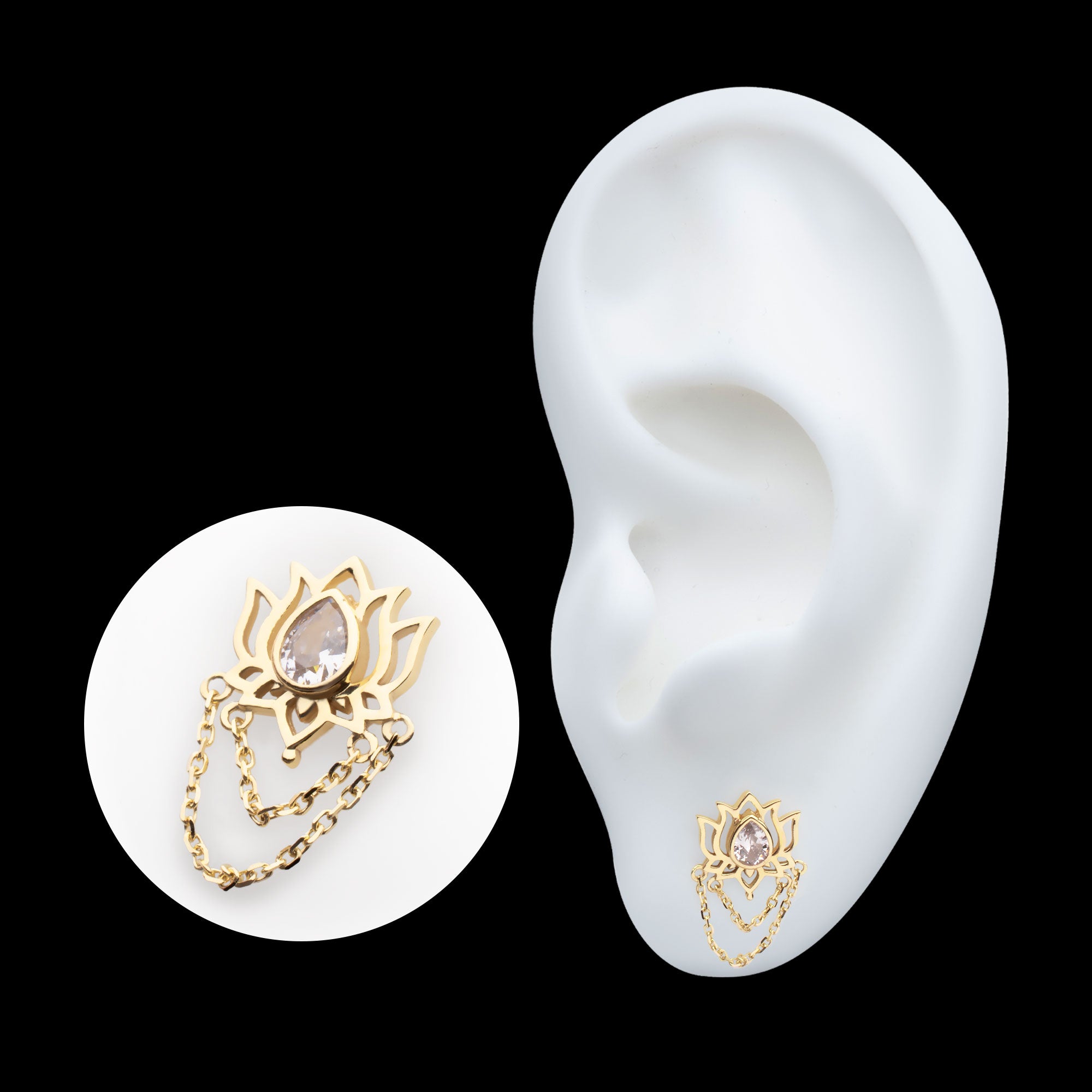 Bezel Teardrop Gem Lotus Flower with 2 Tier Dangle Chain Flatback Stud Earring / Nosering - Gem in 14Kt Yellow Gold