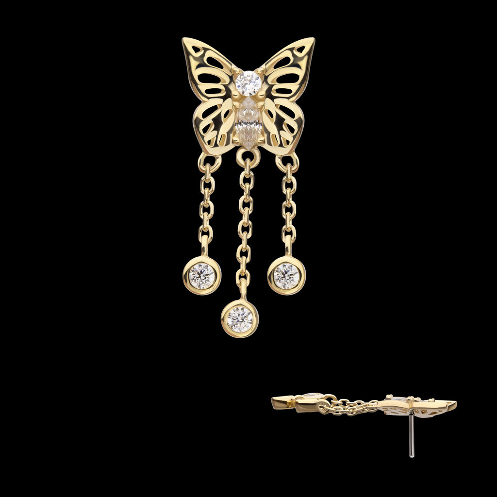 Prong Set Gem Butterfly with Triple Dangle Bezel Gem Flatback Stud Earring / Nosering - Gem in 14Kt Yellow Gold