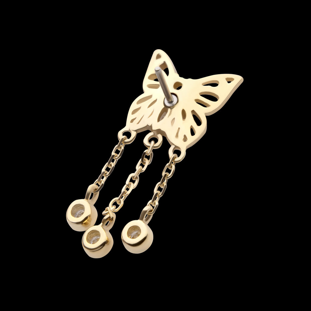 Prong Set Gem Butterfly with Triple Dangle Bezel Gem Flatback Stud Earring / Nosering - Gem in 14Kt Yellow Gold