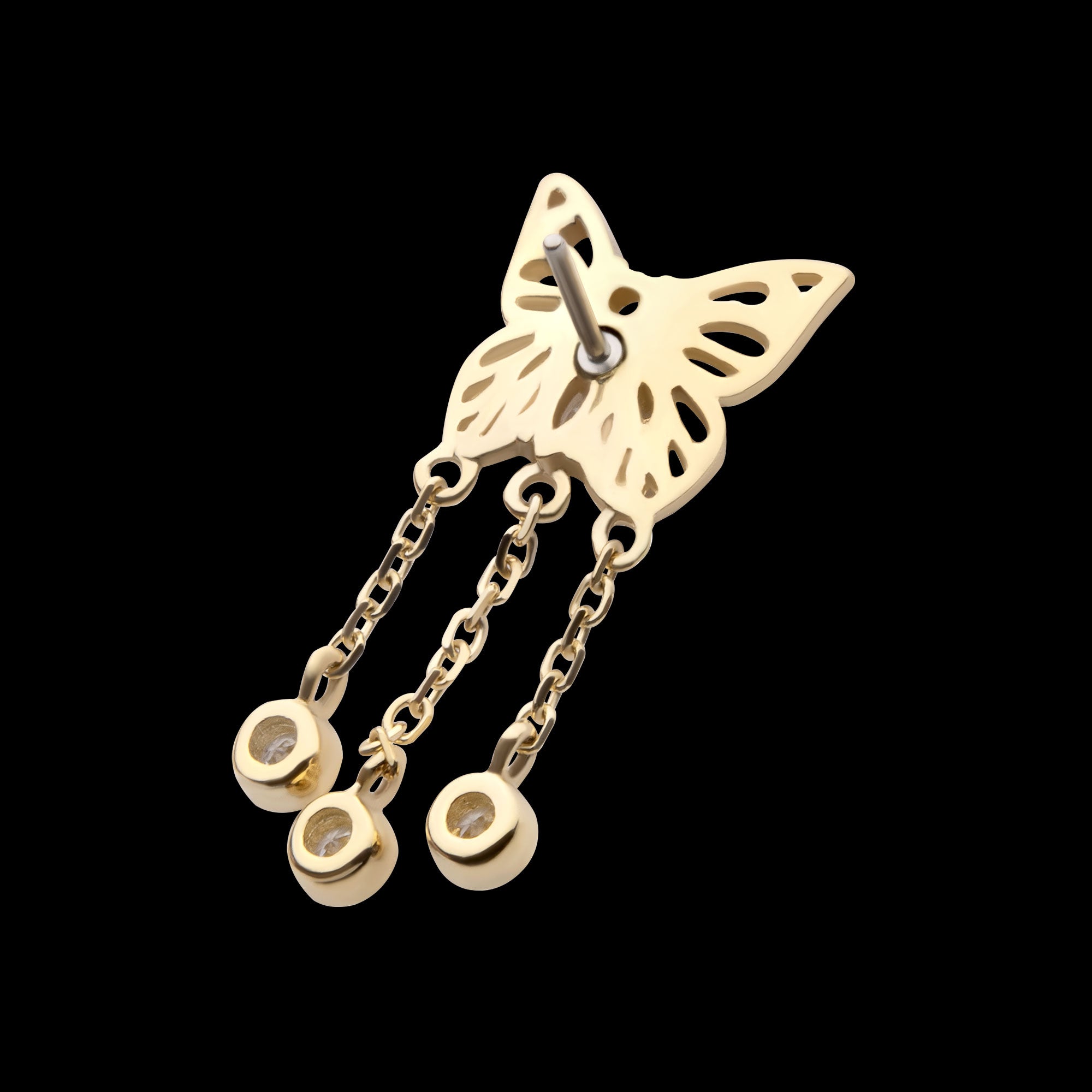 Prong Set Gem Butterfly with Triple Dangle Bezel Gem Flatback Stud Earring / Nosering - Gem in 14Kt Yellow Gold