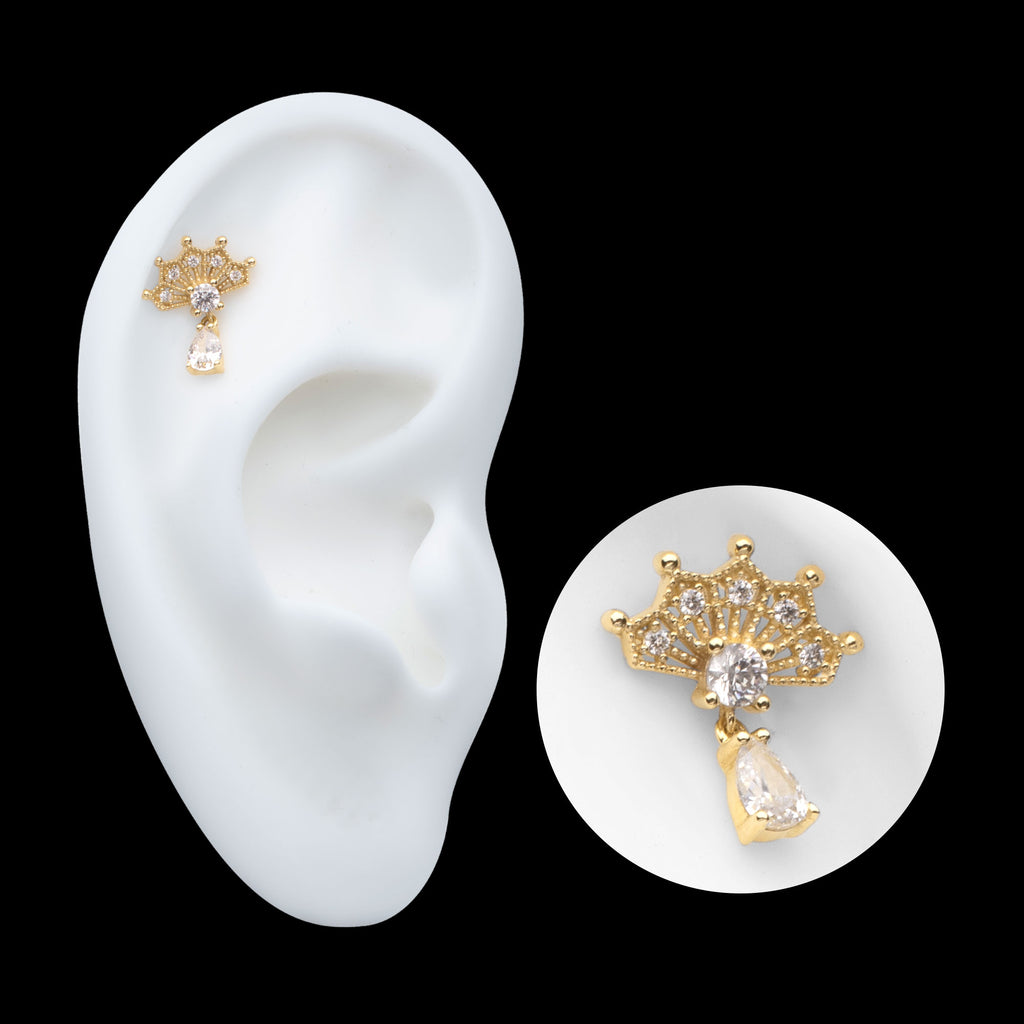 Prong Set Gem Fan with Teardrop Gem Dangle Flatback Stud Earring / Nosering - Gem in 14Kt Gold