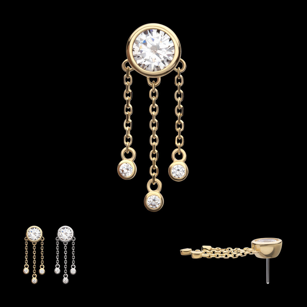 Bezel Gem with Triple Bezel Gem Chain Dangle Flatback Stud Earring / Nosering - Gem in 14Kt Gold