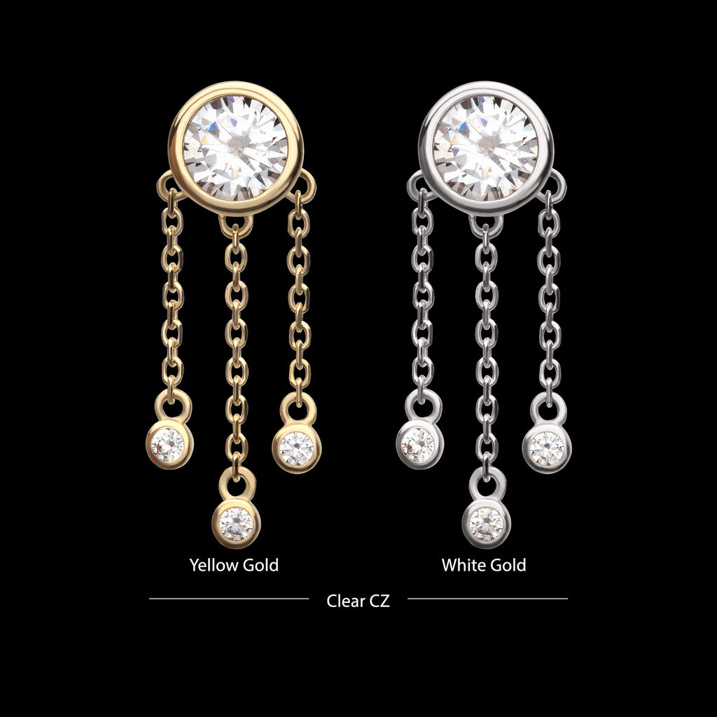 Bezel Gem with Triple Bezel Gem Chain Dangle Flatback Stud Earring / Nosering - Gem in 14Kt Gold