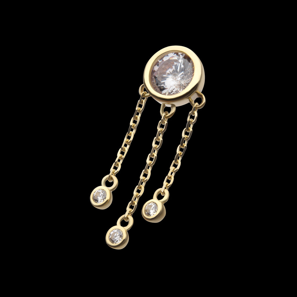 Bezel Gem with Triple Bezel Gem Chain Dangle Flatback Stud Earring / Nosering - Gem in 14Kt Gold