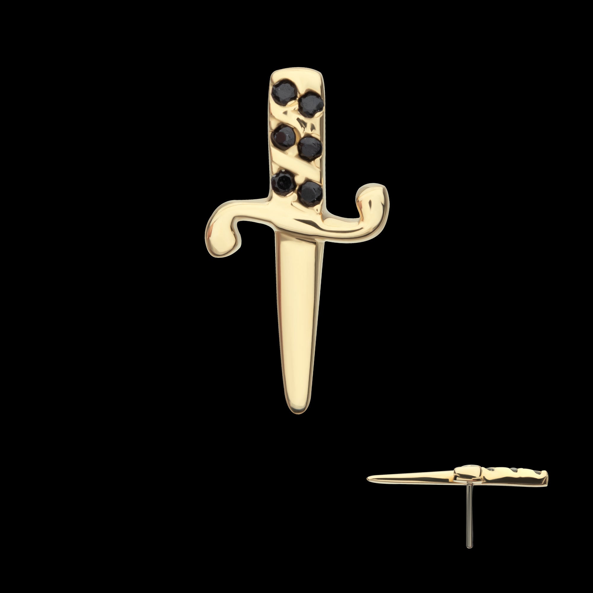 Bezel Set Black Round Gem Dagger Flatback Stud Earring / Nosering - Gem in 14Kt Yellow Gold