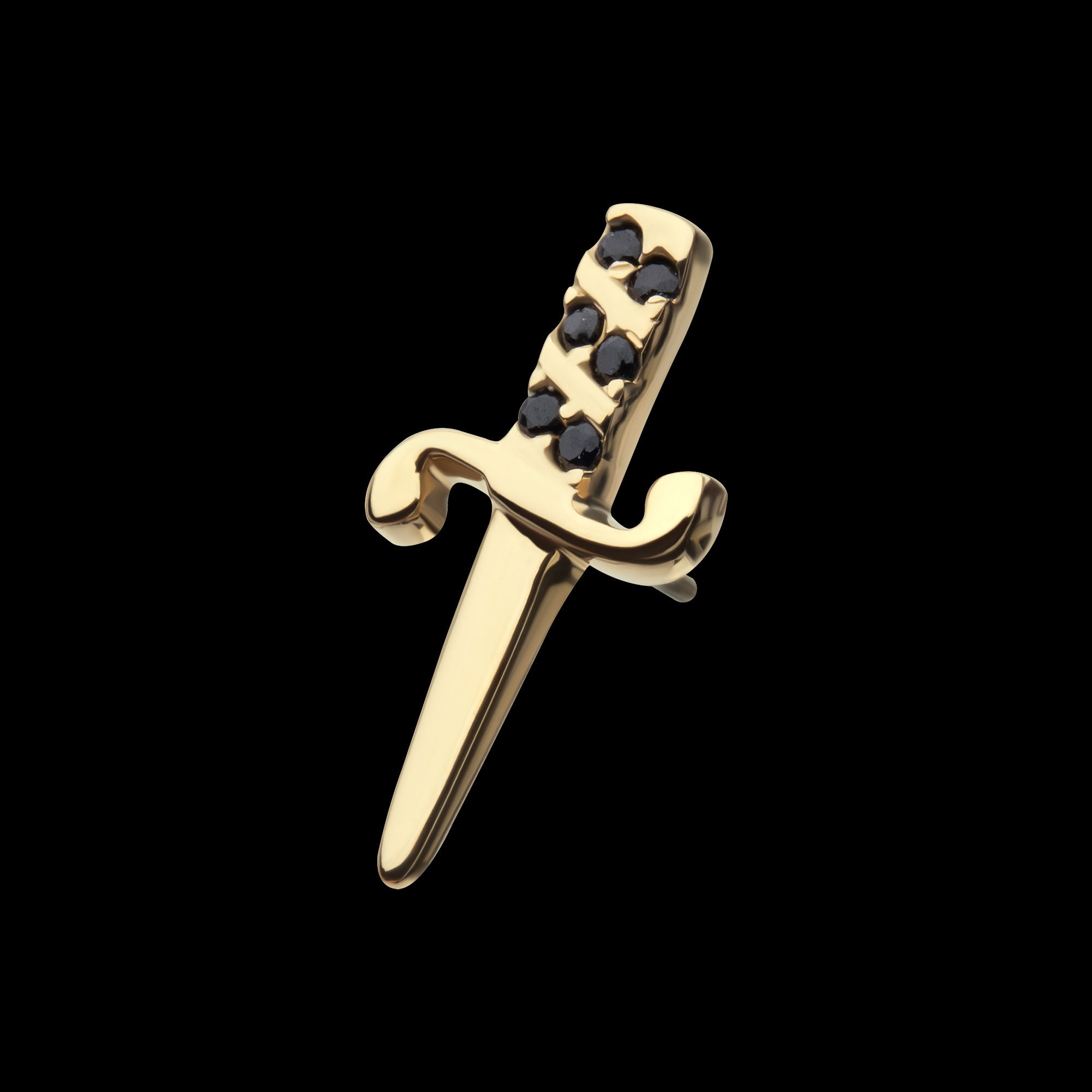 Bezel Set Black Round Gem Dagger Flatback Stud Earring / Nosering - Gem in 14Kt Yellow Gold