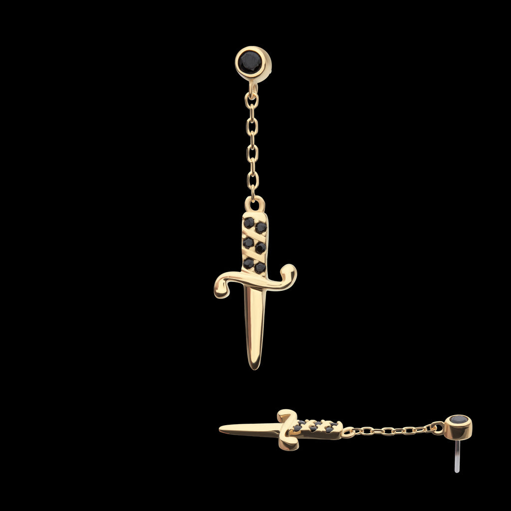 Bezel Set Black Round Gem Dangle Dagger Flatback Stud Earring / Nosering - Gem in 14Kt Yellow Gold