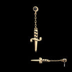 Bezel Set Black Round Gem Dangle Dagger Flatback Stud Earring / Nosering - Gem in 14Kt Yellow Gold