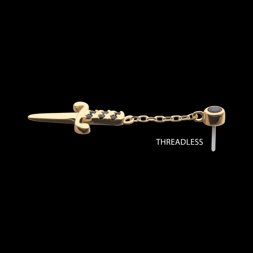 Bezel Set Black Round Gem Dangle Dagger Flatback Stud Earring / Nosering - Gem in 14Kt Yellow Gold