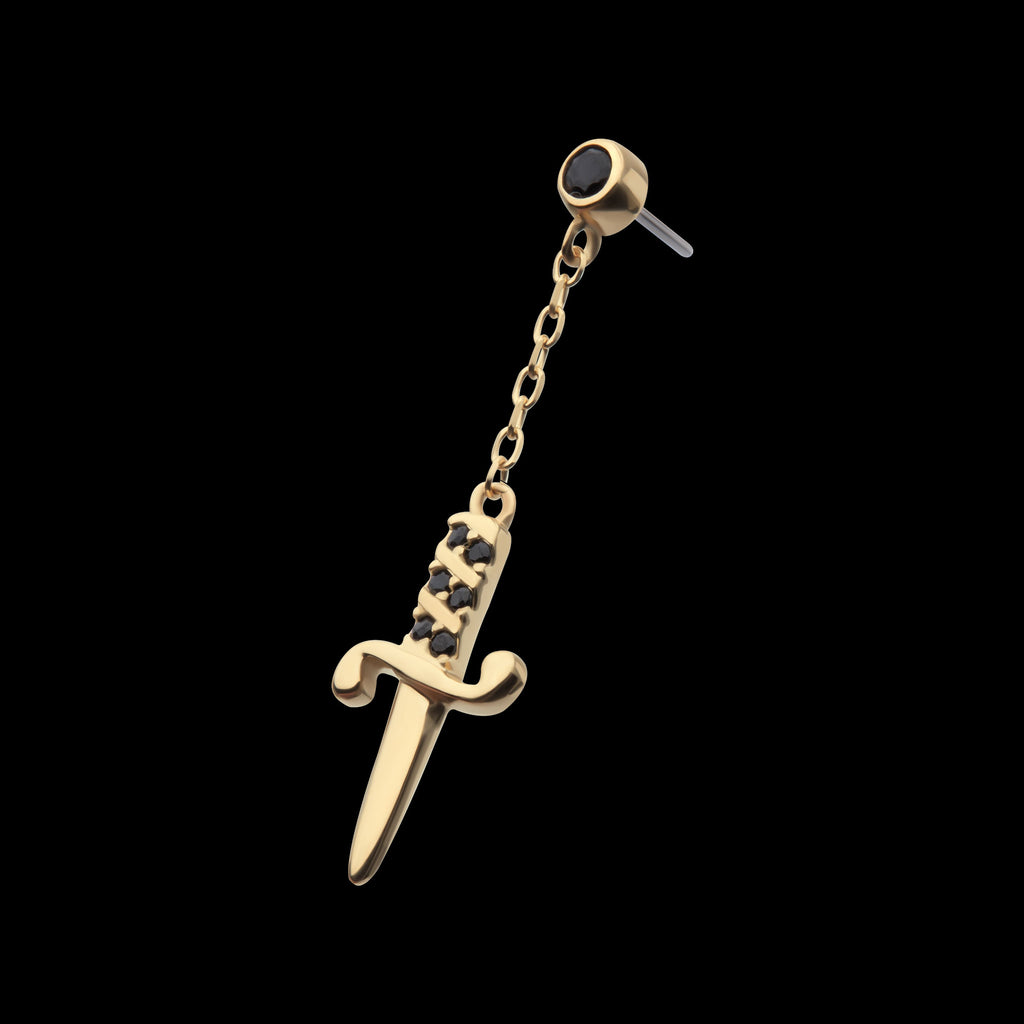 Bezel Set Black Round Gem Dangle Dagger Flatback Stud Earring / Nosering - Gem in 14Kt Yellow Gold