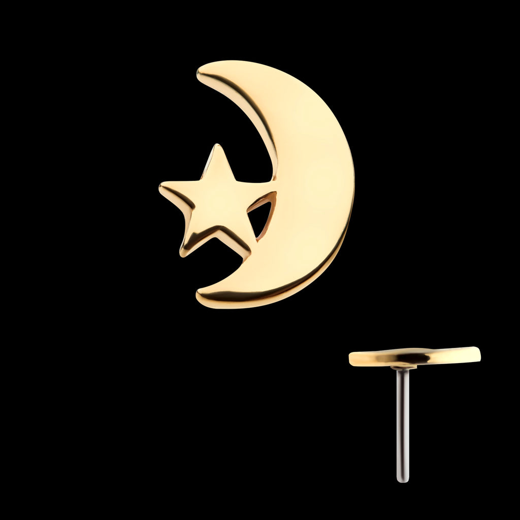 Crescent Moon & Star Flatback Stud Earring / Nosering - 14Kt Yellow Gold