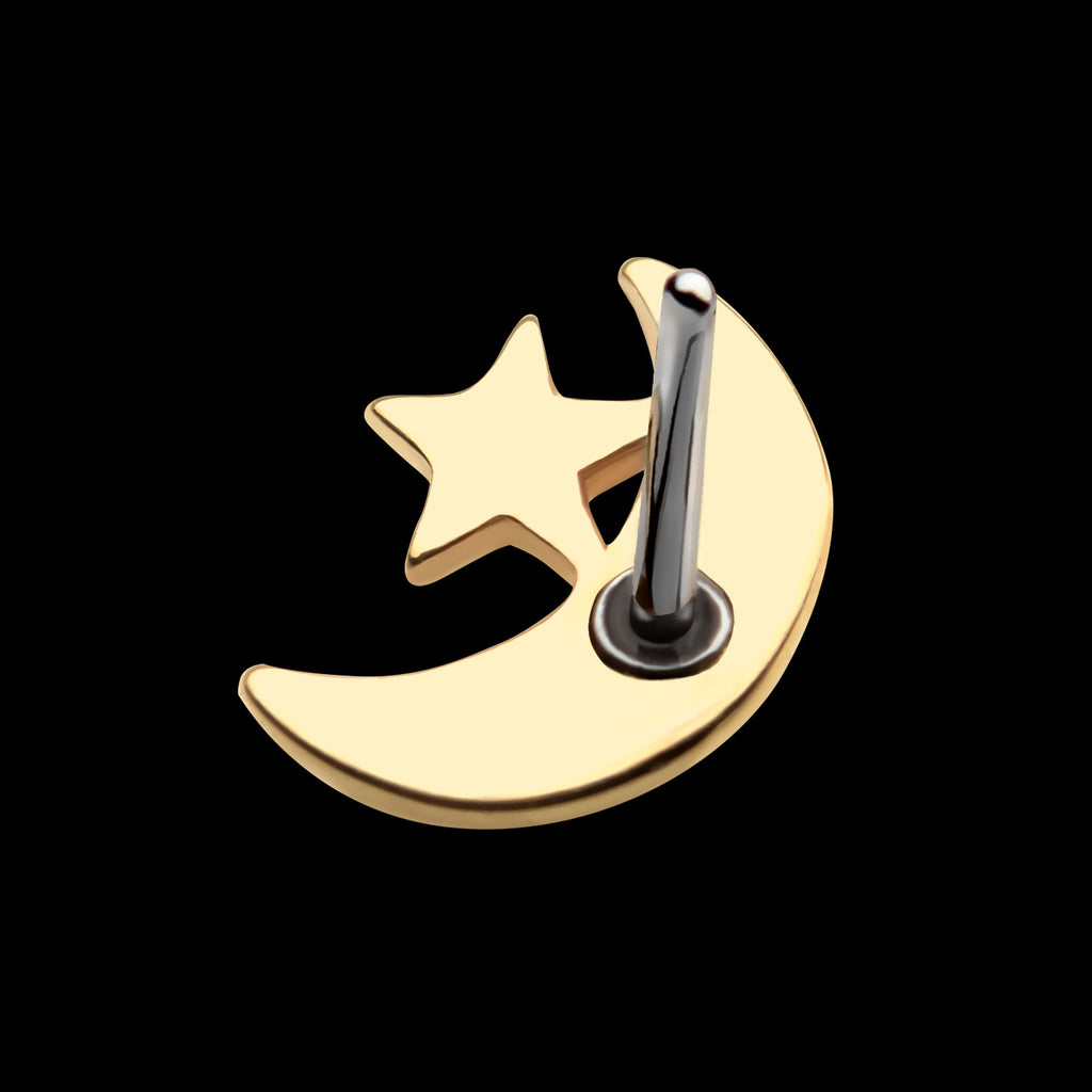 Crescent Moon & Star Flatback Stud Earring / Nosering - 14Kt Yellow Gold