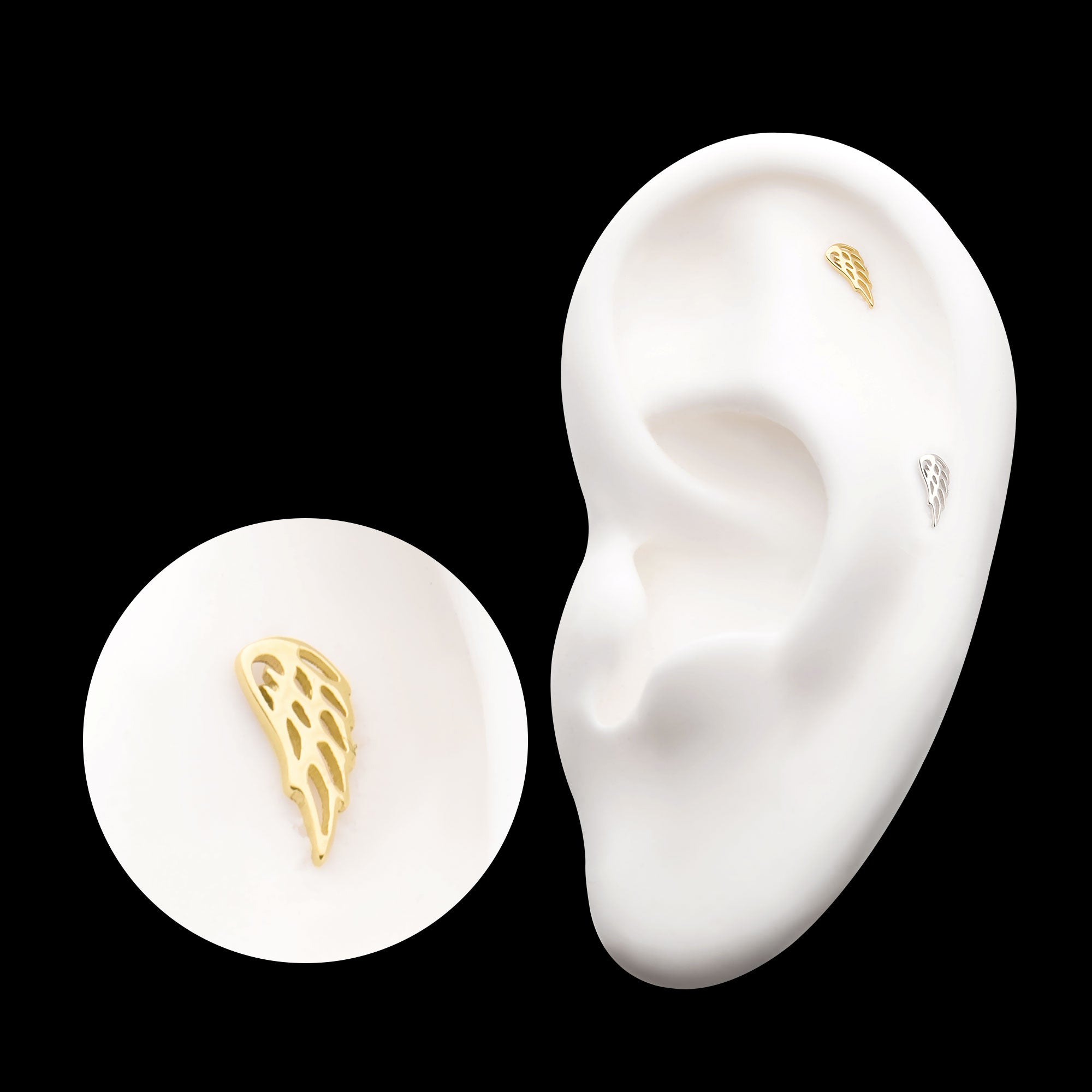 Angel Wing (Left Ear) Flatback Stud Earring / Nosering - 14Kt Gold